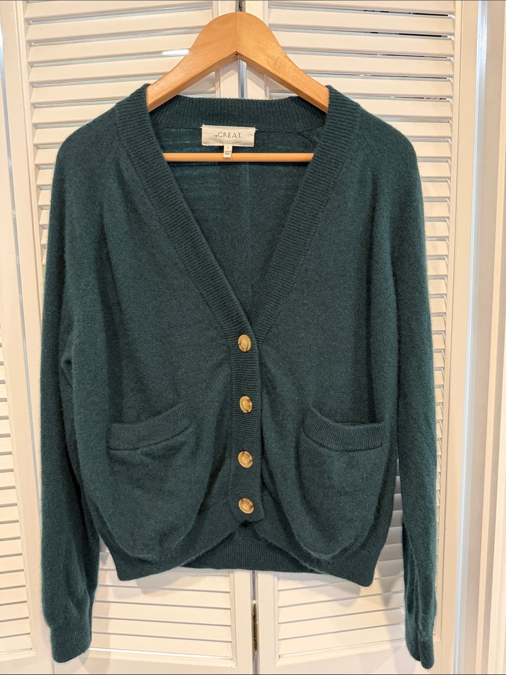 THE GREAT. Deep Teal Cashmere Button Pocket Cardigan with Matching Pants